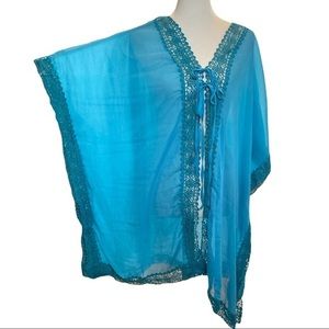 Tunic, cover up , open caftan turquoise light blend rayon  one size fits all